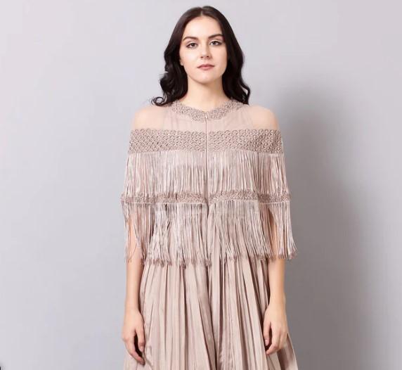 CHAMPAGNE ANARKALI WITH FRINGES AND CRISS CROSS BACK DETAILING